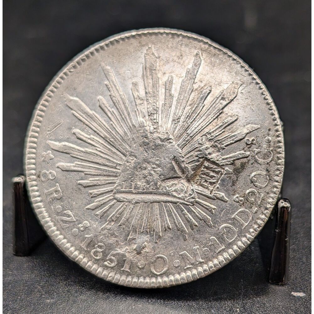 1851 Mexico Silver 8 Reales Cap and Rays Libertad Zacatecas Coin Bent Chopmarks
